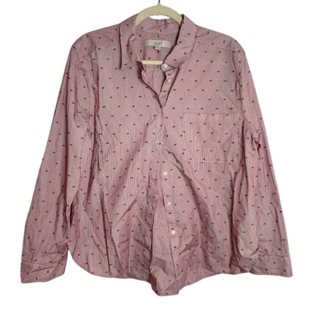 Loft Stripped Red Button Up Blouse Womens Size Large Cotton Career Office Top